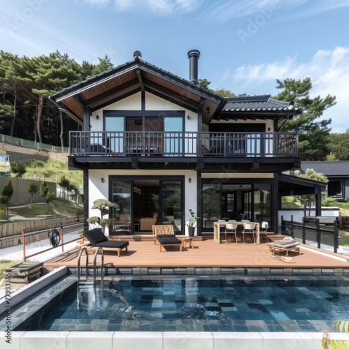 Tiny two floor timber frame house with single front doors and terrace with south korean theme design © shiroi