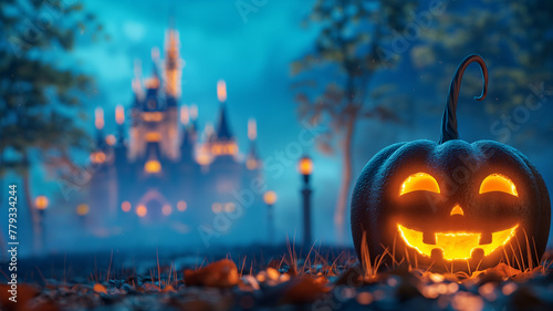 Halloween background design. Happy halloween trick or treat text with cute pumpkins and beautiful scene in  3D illustration photo
