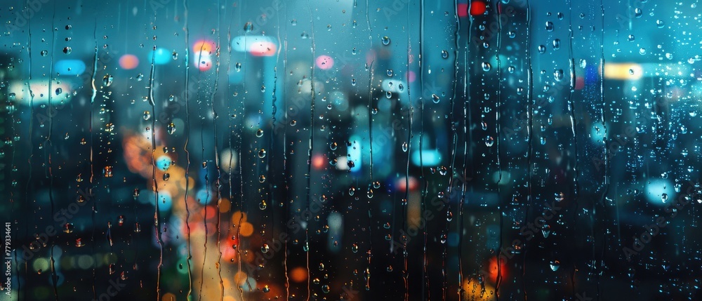 Fototapeta premium A close-up of raindrops cascading down a window with a blurred cityscape in the background