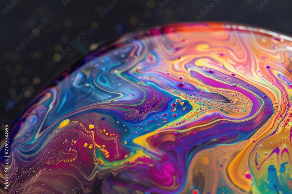 Naklejka premium The delicate surface of a soap bubble with rainbow reflections and swirling patterns
