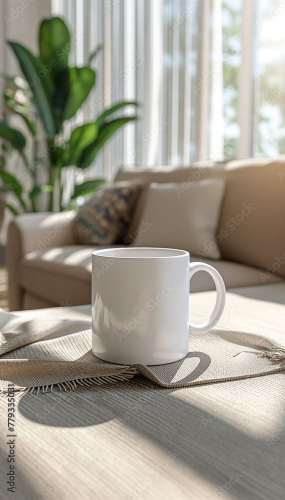 white mug mockup in living room setting. neutral farmhouse aesthetic white mug mockup in living room setting. neutral farmhouse aesthetic
