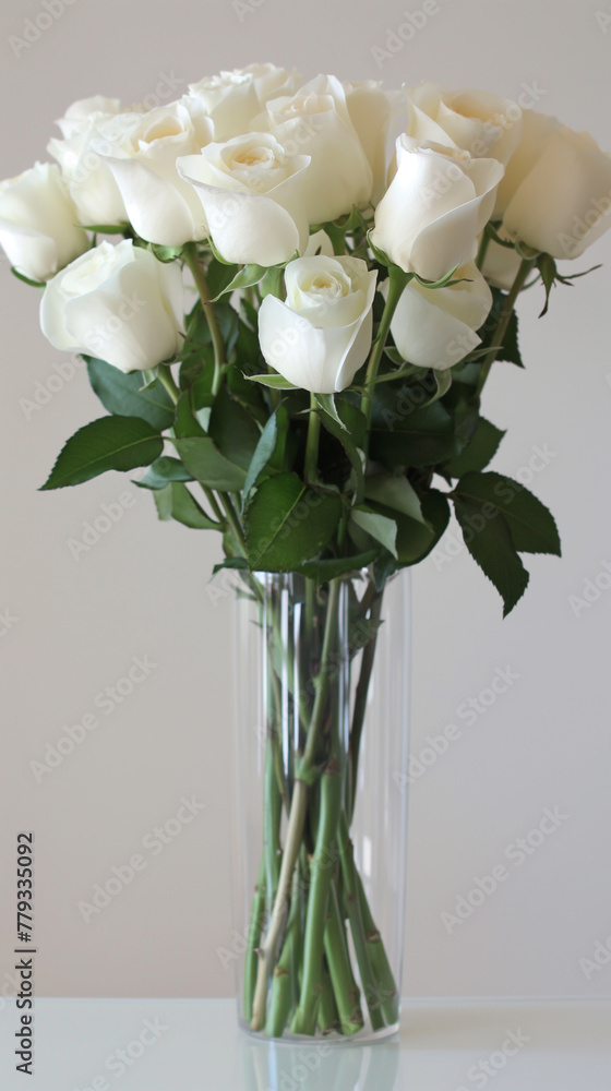 Obraz premium White fresh and elegant, long stem white roses in a glass tall vase