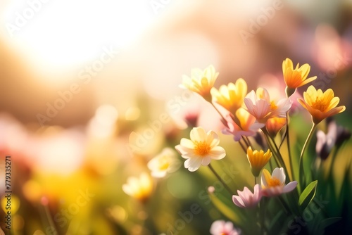 Soft blurred bokeh background of spring flowers on a sunny day with copy blank space for text, summer and spring concept
