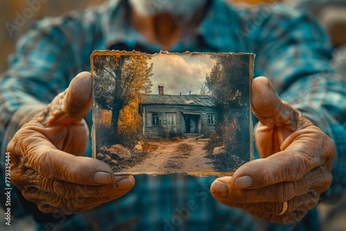 Weathered hands hold a nostalgic photo of a house, symbolizing memories, past and present, rustic, timeless, emotive storytelling.