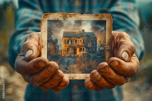 Weathered hands hold a nostalgic photo of a house, symbolizing memories, past and present, rustic, timeless, emotive storytelling. photo