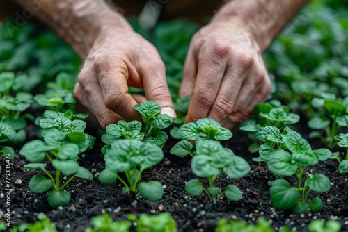 Tender hands nurturing green seedlings in dark soil, a symbol of growth and care.