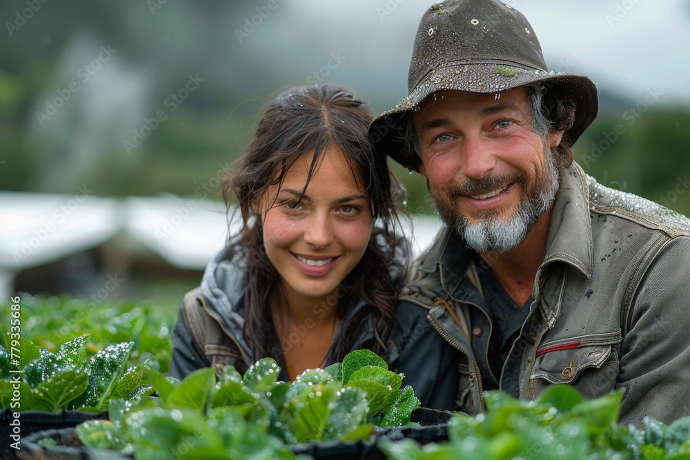 Joyful farmers in rain hats, smiling amidst a shower, as they tend to vibrant green lettuce plants. Joyful farmers in rain hats, smiling amidst a shower, as they tend to vibrant green lettuce plants.