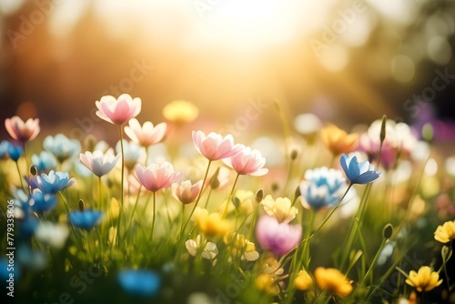 Softly blurred spring blooms in sunlight, spring flowers in garden with blank copy space for text, summer and spring concept © Marco