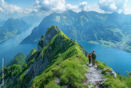 Two hikers ascend a trail, overlooking a stunning alpine lake nestled among dramatic mountain ranges.