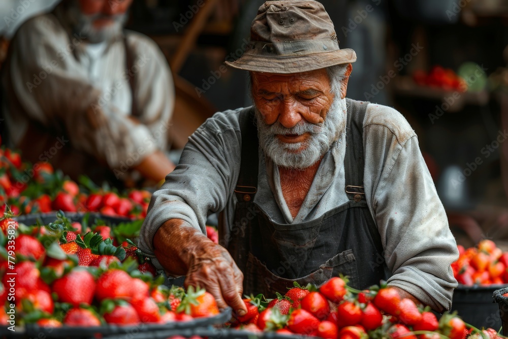 An elderly man carefully selects ripe strawberries at a market stall, showcasing the fruits of hard labor. An elderly man carefully selects ripe strawberries at a market stall, showcasing the fruits of hard labor.