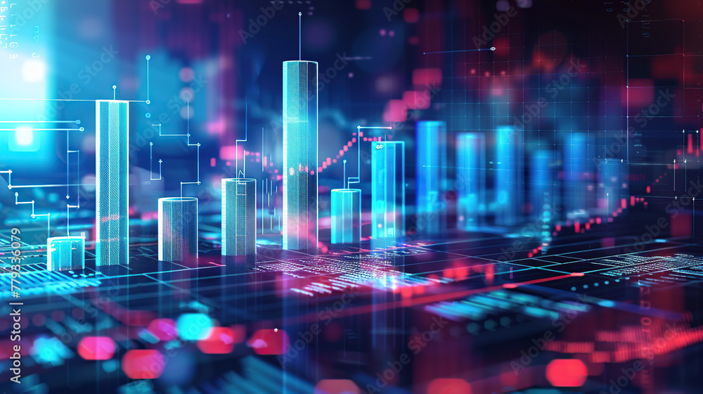 Perspective view of stock market growth, business investing and data concept with digital financial chart graphs, diagrams and indicators on dark blue blurry background Perspective view of stock market growth, business investing and data concept with digital financial chart graphs, diagrams and indicators on dark blue blurry background