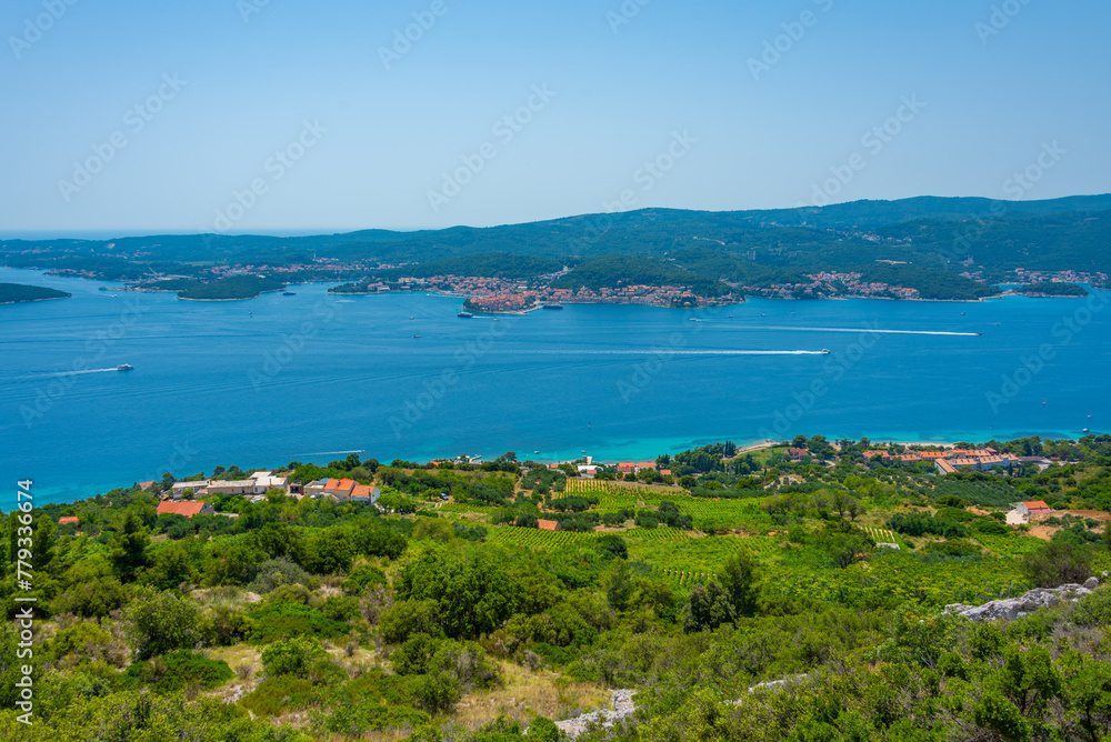 Fototapeta premium Korcula island viewed from Sveti Ilija mountain at Peljesac peninsula in Croatia
