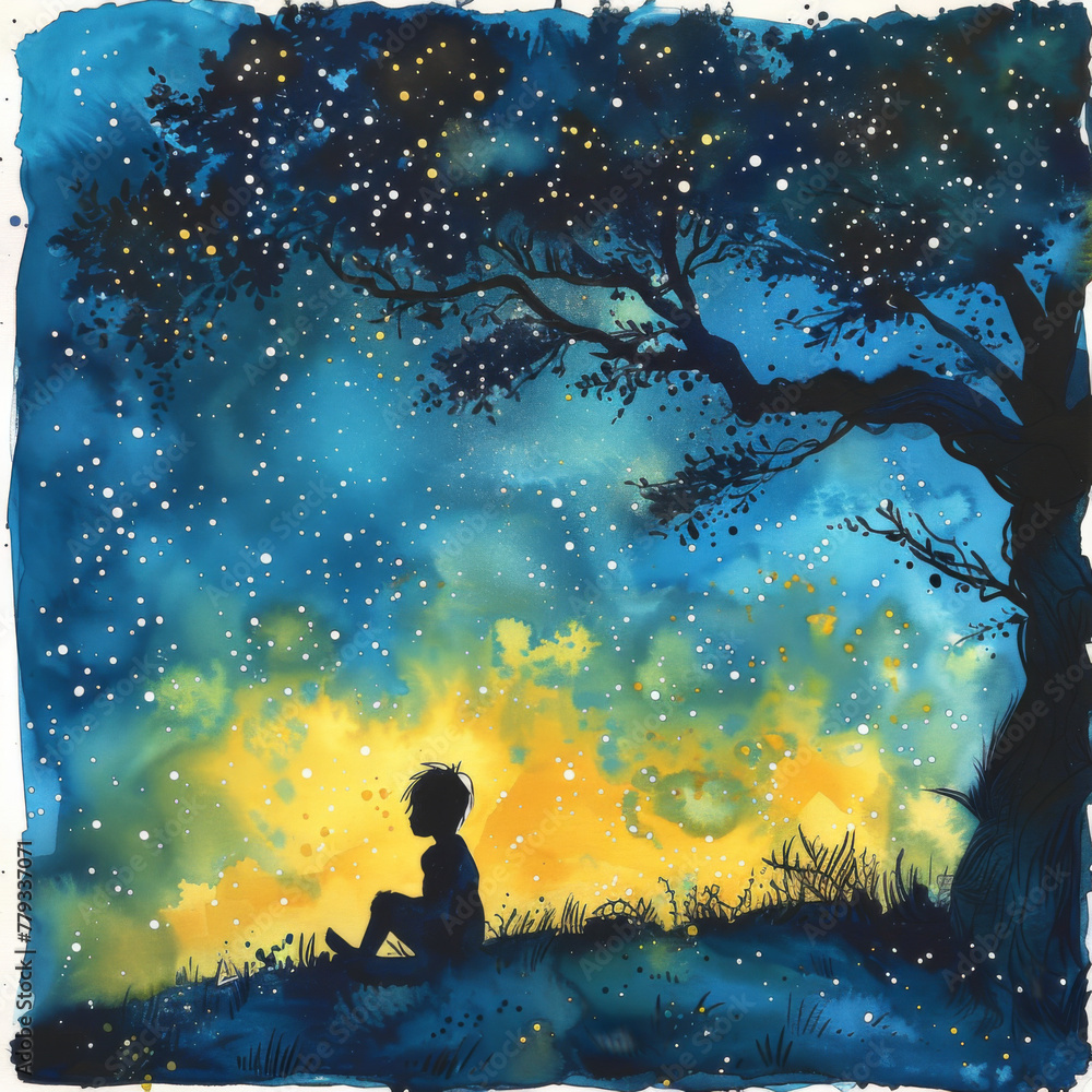 A little boy sits under the tree, gazing up at the starry sky with stars twinkling in the night sky