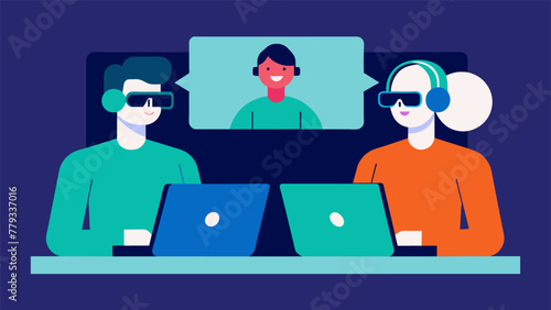 An intimate shot of two coworkers sitting side by side using AR gles to collaborate on a video conference call with a remote colleague