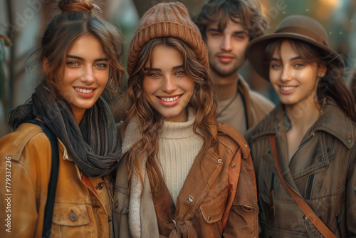A group of friends, each wearing different styles of clothing, laughing and having fun together