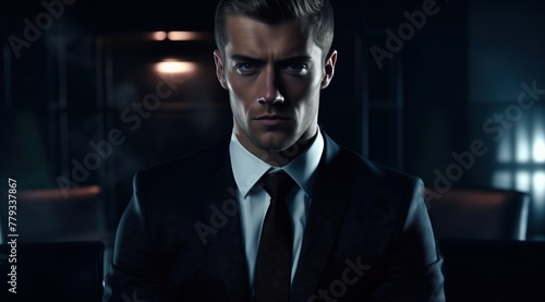 Cinematic still of the character The Right Man in a black suit and tie