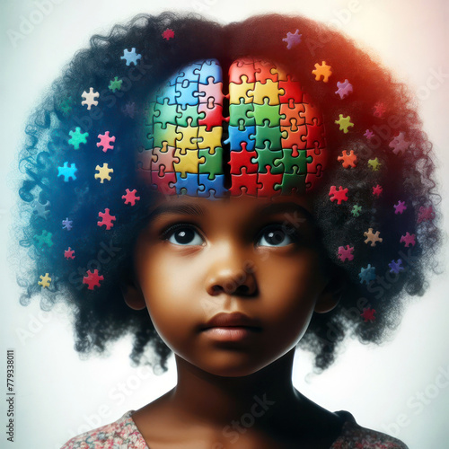 Cute curly haired little African American girl with a brain-shaped puzzle of colorful puzzle pieces. autism awareness day.