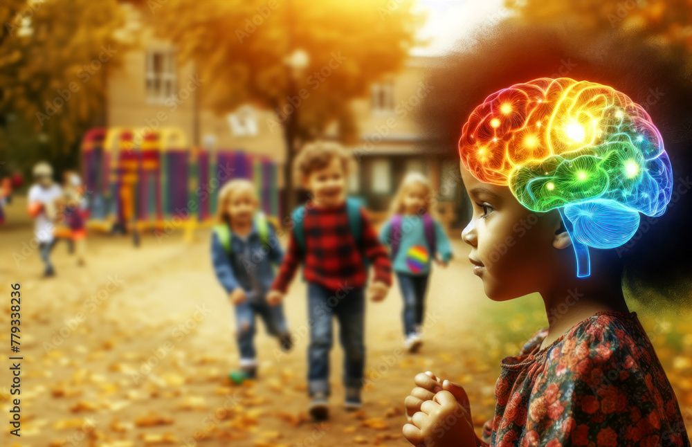 Obraz premium A multicolored puzzle brain in the head of an African American girl walking in a park with other children. Free space for copying.