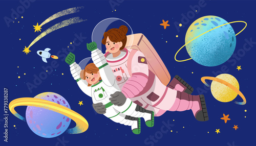 Space traveling astronaut and planet element set isolated on dark blue background