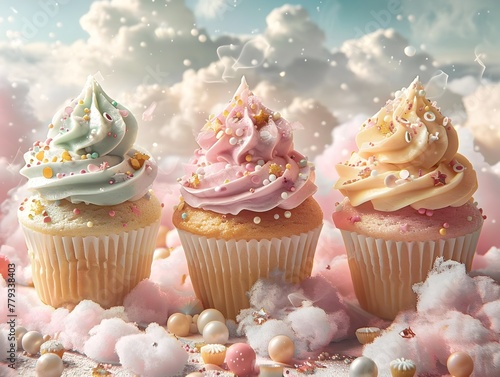 Delicately Decorated Cupcakes Cradled in Pastel Clouds Painting a Serene and Whimsical Dessert Fantasy