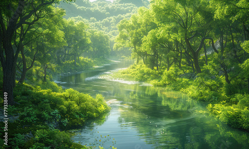 A panoramic view of a forest, with a river running through it