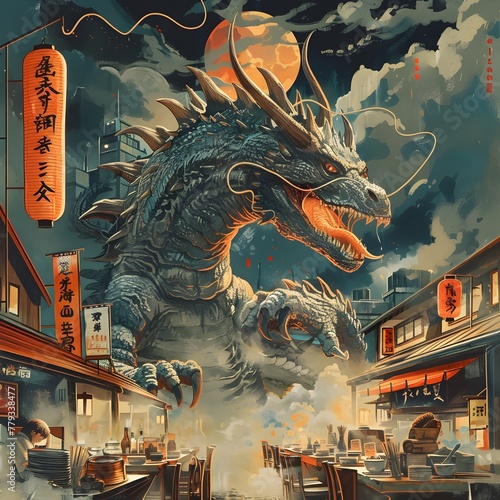 Kaiju Dominates Fantastical Asian City Skyline Under Ominous Cloudy Night Sky with Crescent Moon