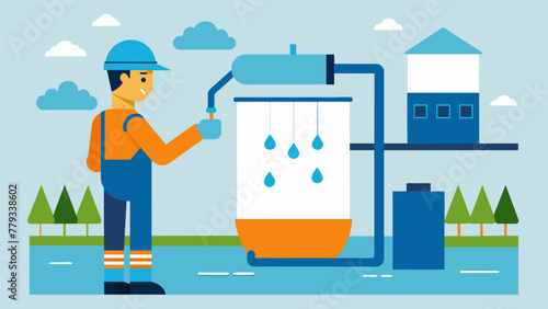 A worker inspects the factorys rainwater harvesting system which collects and utilizes rainwater for various processes reducing the factorys