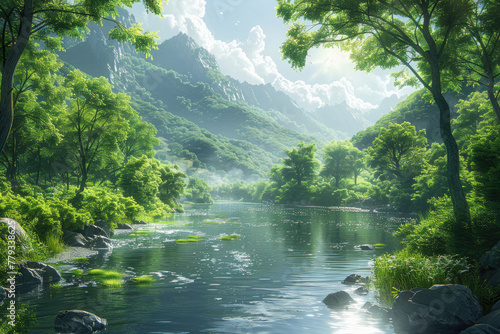 A panoramic view of a forest  with a river running through it