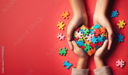 Hands of mom and child holding a puzzle-heart puzzle with scattered puzzle pieces on a red background with space to copy, autism awareness, family support for autism spectrum disorder.