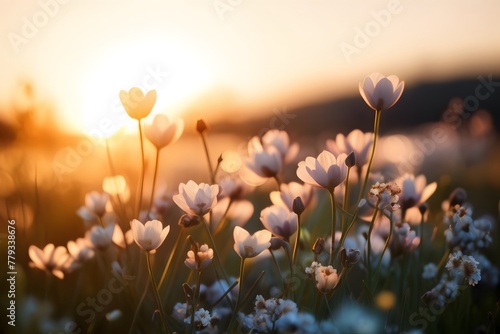 Cascade of spring flowers blurs into a sunset masterpiece, spring and summer concept background with blank copy space for text