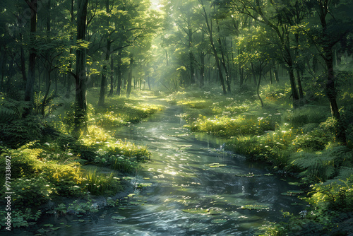 A panoramic view of a forest  with a river running through it