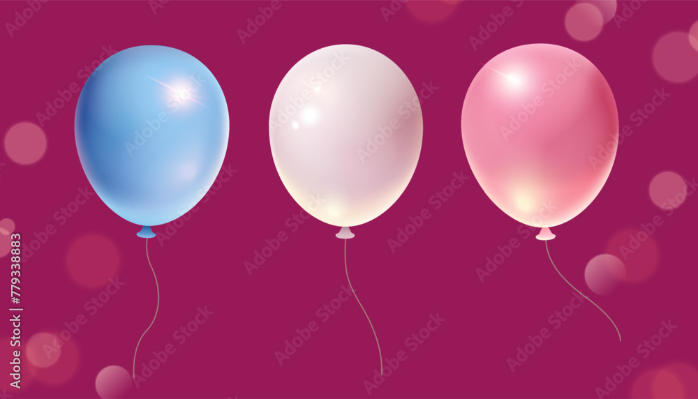 3D blue, white and pink party balloon elements isolated on magenta background with bokeh effect