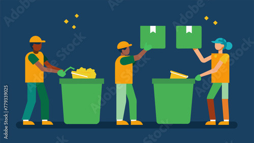 An overhead image of workers sorting through different types of waste and separating them into designated bins for proper disposal in accordance photo