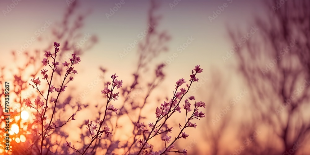 Obraz premium Bokeh background of pink flowers of spring in sunset with copy space for text, summer and spring concept