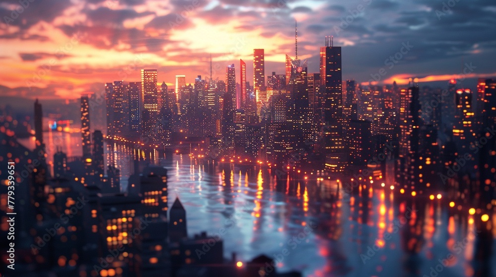 Obraz premium Sparkling city skyline, photorealistic reflections, vibrant night lights, dusk ,3DCG,high resulution