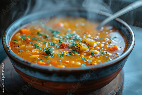 A bowl of soup, with a spoon in it and steam rising off the top