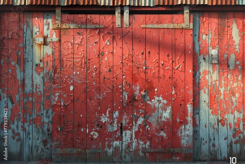 Rustic barn door, photorealistic textures, vibrant peeling paint, golden hour ,3DCG,clean sharp focus