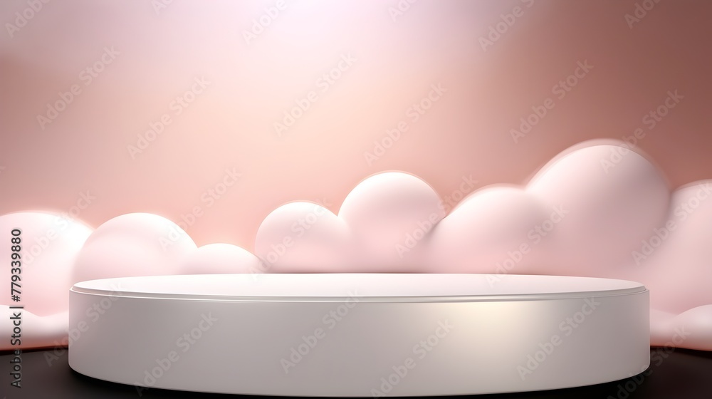 Fototapeta premium Dreamy Natural Beauty Podium Backdrop for Elegant Product Display with Futuristic Pastel Cloudy Sky Scene
