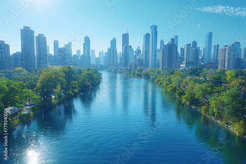 A view of a city skyline, with a river running through it