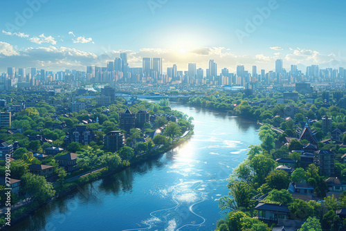 A view of a city skyline, with a river running through it