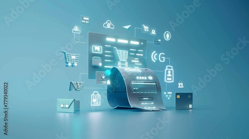 3D render of an electronic bill wrapped in a digital ribbon, surrounded by e-commerce and digital transaction icons on a blue background