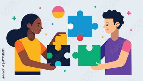 Two individuals connecting puzzle pieces with different shapes and colors symbolizing how implicit biases can create barriers between people.