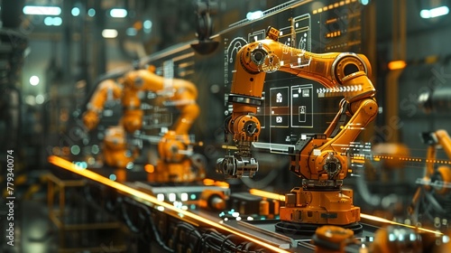 An array of orange industrial robotic arms, equipped with advanced control interfaces, operates in a smart factory environment, showcasing the synergy of automation and technology © ruslee