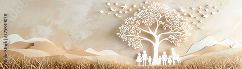 Design a heartwarming paper cut advertisement for a family reunion event, featuring a tree with family members as leaves