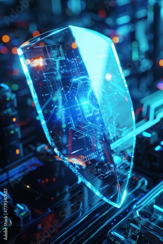 Holographic shield protecting finance network, sleek cybersecurity interface, digital asset protection