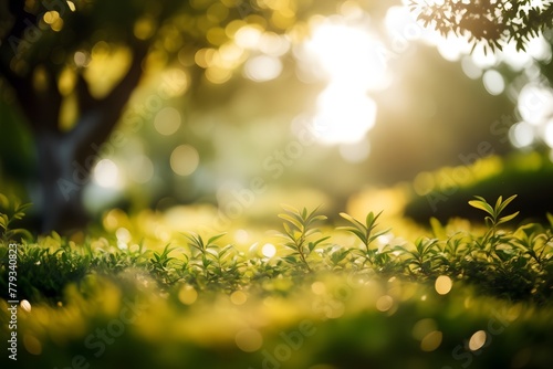 defocused bokeh background of garden grass and trees in sunny day, summer and spring concept