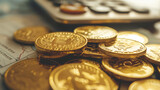 golden bitcoins and a calculator on the table, online trading or crypto trading concept, e commerce business  