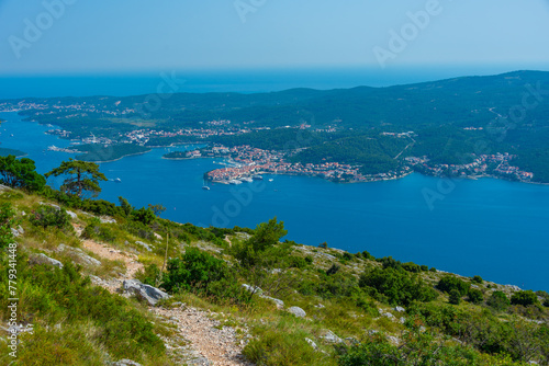 Korcula island viewed from Sveti Ilija mountain at Peljesac peninsula in Croatia