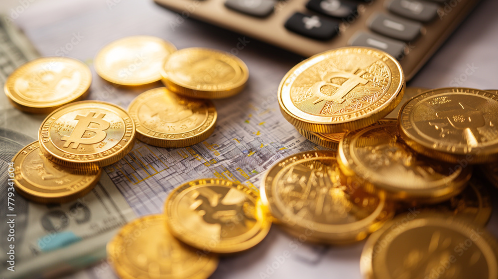 golden bitcoins and a calculator on the table, online trading or crypto trading concept, e commerce business golden bitcoins and a calculator on the table, online trading or crypto trading concept, e commerce business
