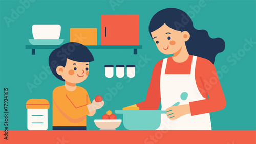 A child sits on the kitchen counter observing as their parent carefully measures ingredients for a recipe. The parent explains the process step